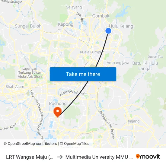 LRT Wangsa Maju (Kl2097) to Multimedia University MMU Cyberjaya map