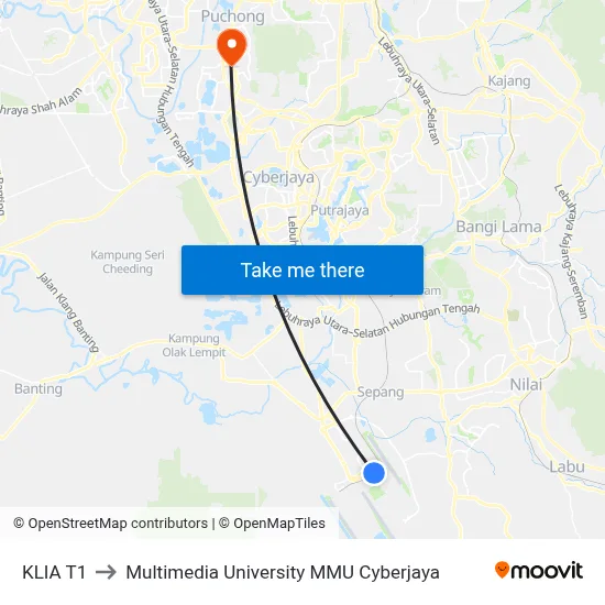 KLIA T1 to Multimedia University MMU Cyberjaya map