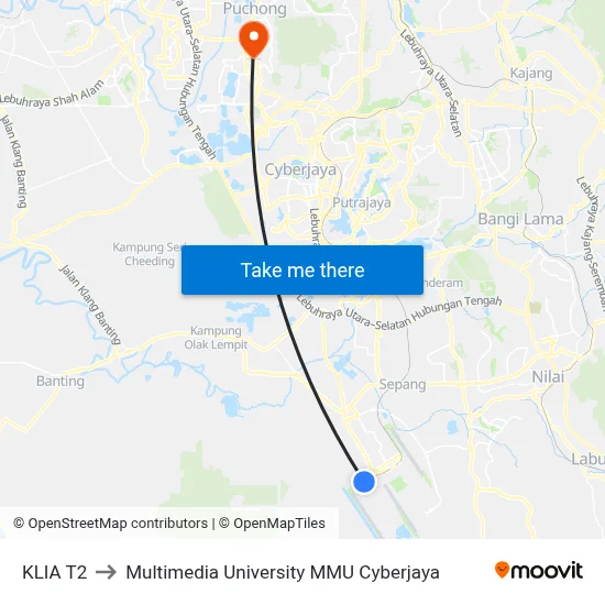 KLIA T2 to Multimedia University MMU Cyberjaya map