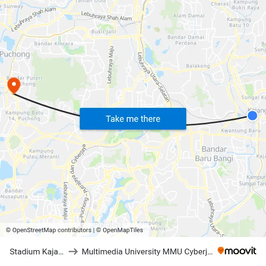 Stadium Kajang to Multimedia University MMU Cyberjaya map