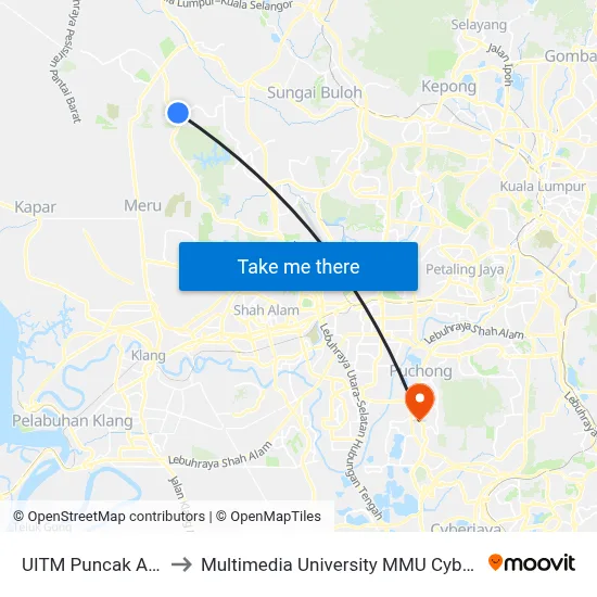 UITM Puncak Alam to Multimedia University MMU Cyberjaya map