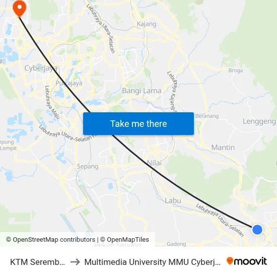 KTM Seremban to Multimedia University MMU Cyberjaya map