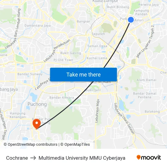 Cochrane to Multimedia University MMU Cyberjaya map