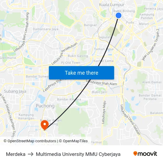 Merdeka to Multimedia University MMU Cyberjaya map
