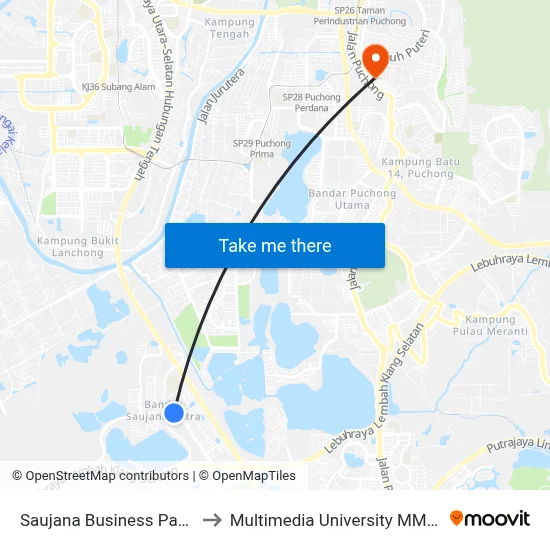 Saujana Business Park (Lg292) to Multimedia University MMU Cyberjaya map