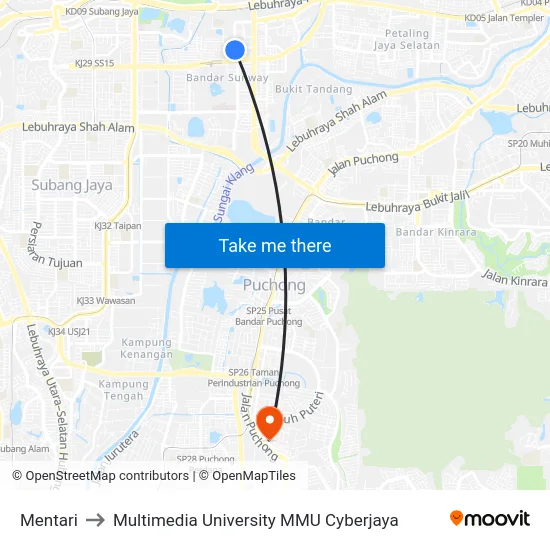 Mentari to Multimedia University MMU Cyberjaya map