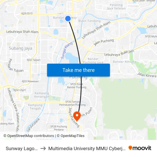Sunway Lagoon to Multimedia University MMU Cyberjaya map