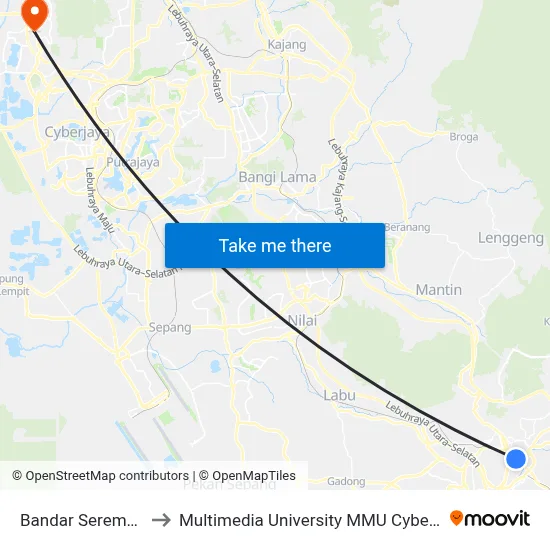Bandar Seremban to Multimedia University MMU Cyberjaya map