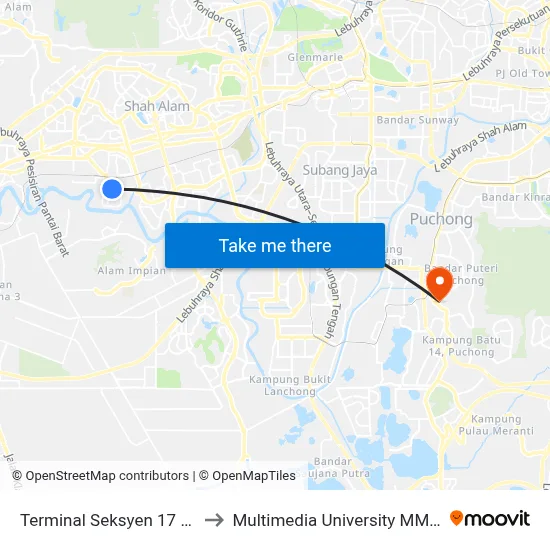 Terminal Seksyen 17 Shah Alam to Multimedia University MMU Cyberjaya map