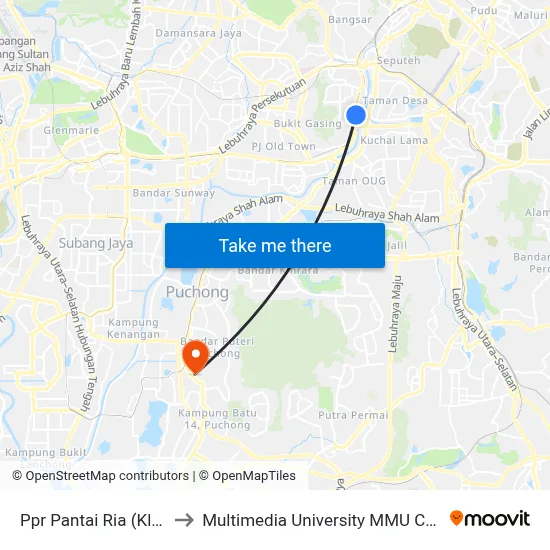 Ppr Pantai Ria (Kl2038) to Multimedia University MMU Cyberjaya map