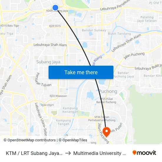 KTM / LRT Subang Jaya (Utara) (Sj63) to Multimedia University MMU Cyberjaya map