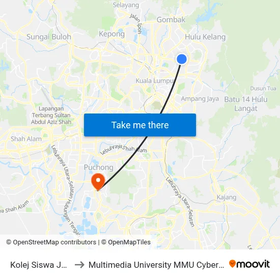 Kolej Siswa Jaya to Multimedia University MMU Cyberjaya map