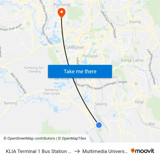 KLIA Terminal 1 Bus Station @ Block C (Sp355/Sp356) to Multimedia University MMU Cyberjaya map
