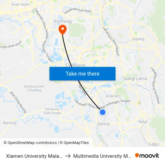 Xiamen University Malaysia (Xmum) to Multimedia University MMU Cyberjaya map