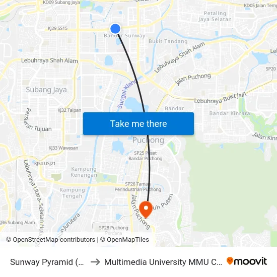 Sunway Pyramid (Pj615) to Multimedia University MMU Cyberjaya map