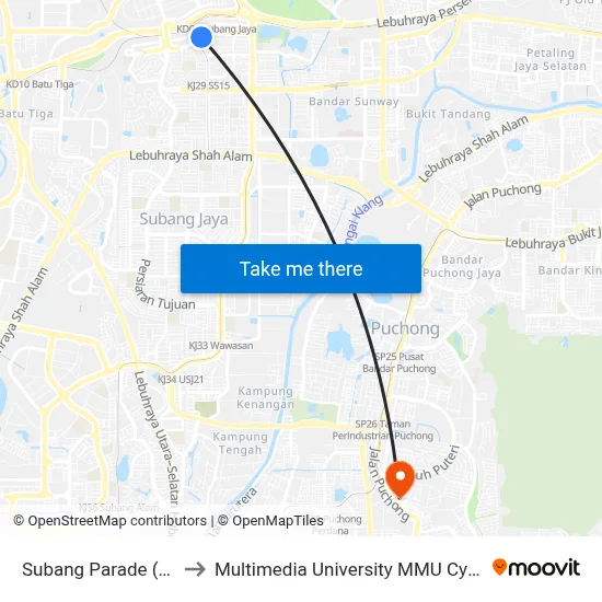 Subang Parade (Sj59) to Multimedia University MMU Cyberjaya map