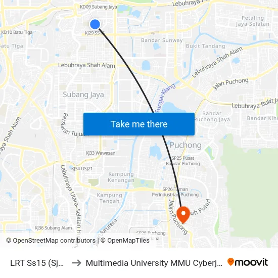 LRT Ss15 (Sj53) to Multimedia University MMU Cyberjaya map