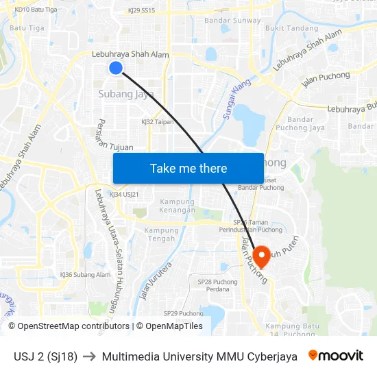 USJ 2 (Sj18) to Multimedia University MMU Cyberjaya map