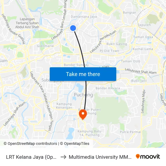 LRT Kelana Jaya (Opp) (Pj603) to Multimedia University MMU Cyberjaya map