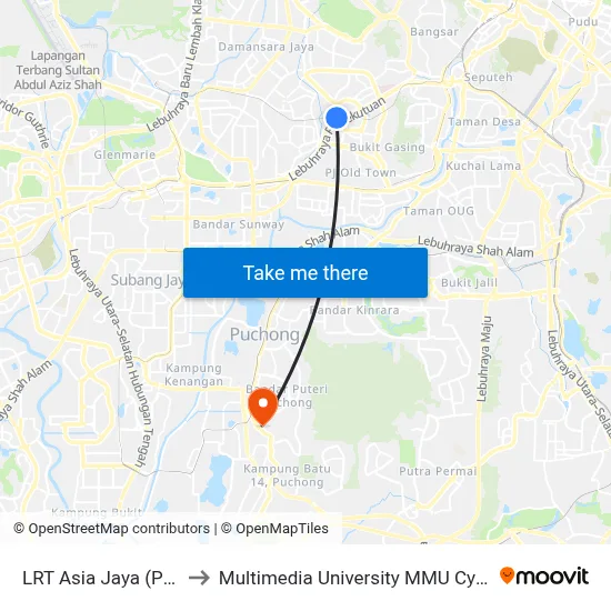 LRT Asia Jaya (Pj438) to Multimedia University MMU Cyberjaya map