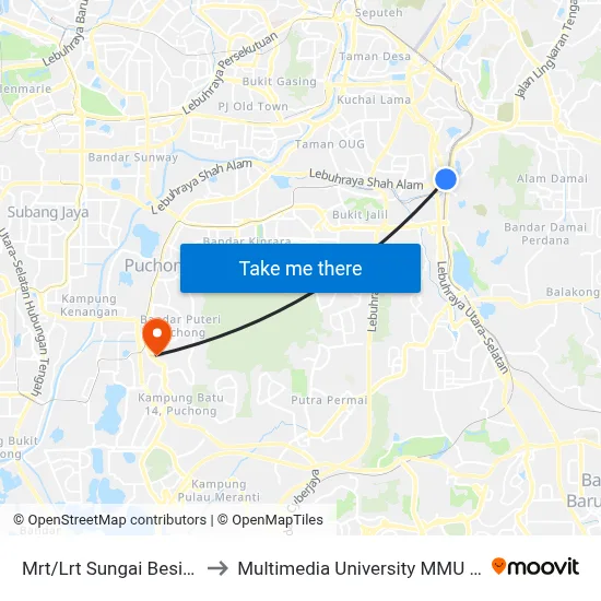 Mrt/Lrt Sungai Besi (Kl781) to Multimedia University MMU Cyberjaya map