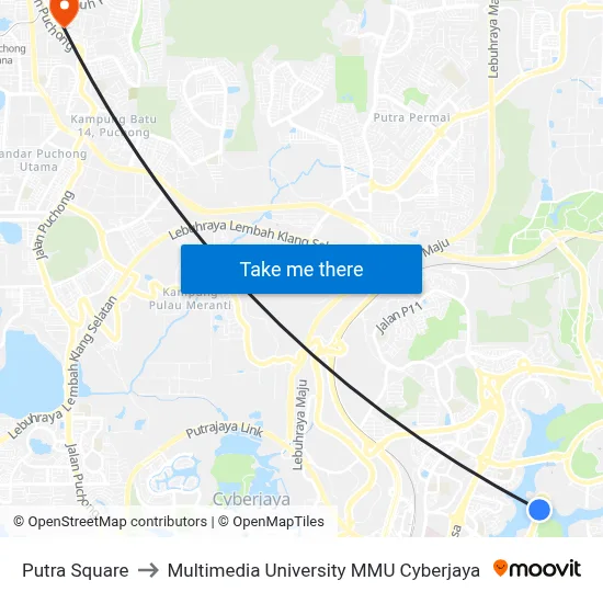 Putra Square to Multimedia University MMU Cyberjaya map