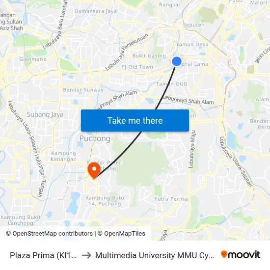 Plaza Prima (Kl1275) to Multimedia University MMU Cyberjaya map