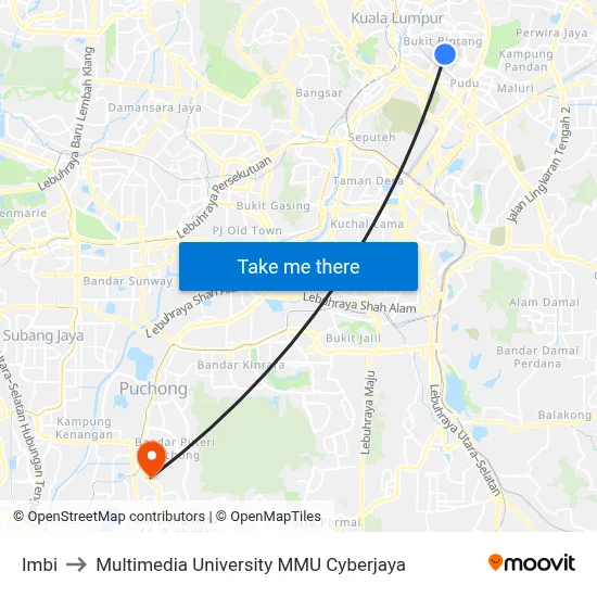 Imbi to Multimedia University MMU Cyberjaya map