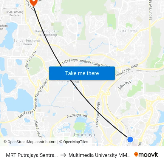 MRT Putrajaya Sentral (Ppj254) to Multimedia University MMU Cyberjaya map
