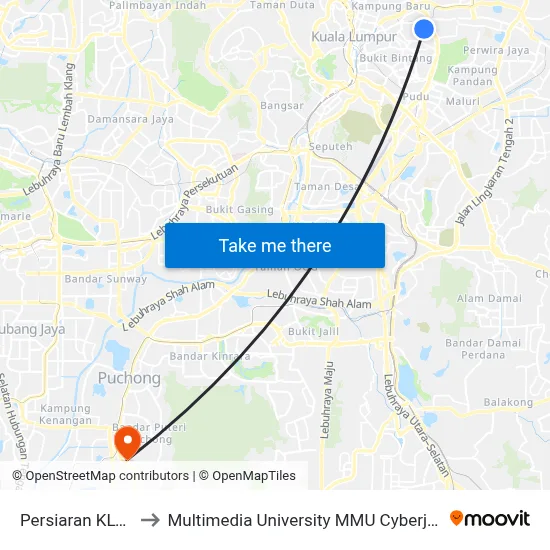 Persiaran KLCC to Multimedia University MMU Cyberjaya map