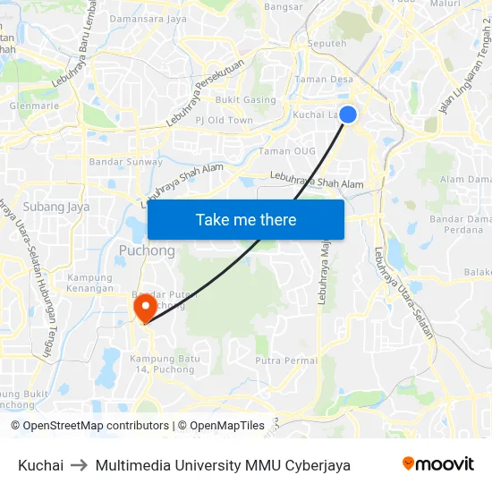Kuchai to Multimedia University MMU Cyberjaya map