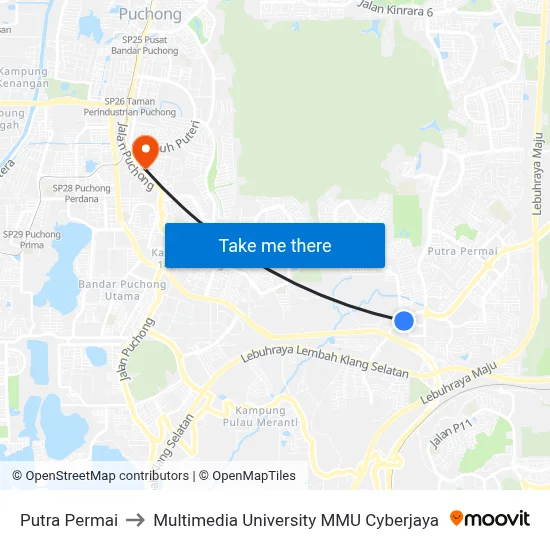 Putra Permai to Multimedia University MMU Cyberjaya map