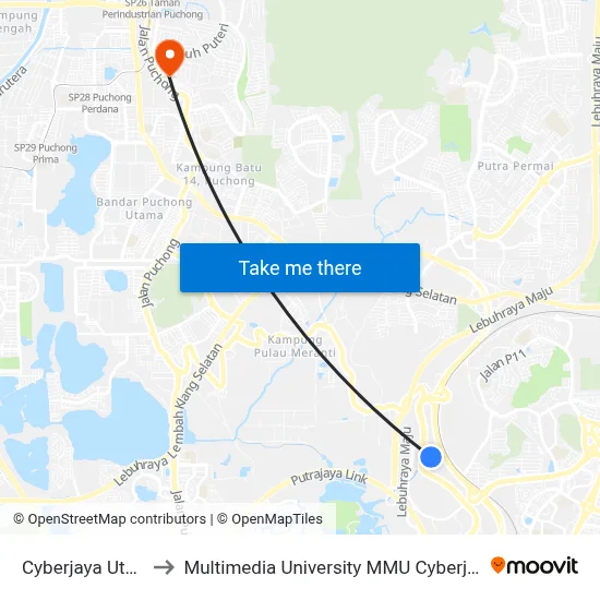 Cyberjaya Utara to Multimedia University MMU Cyberjaya map