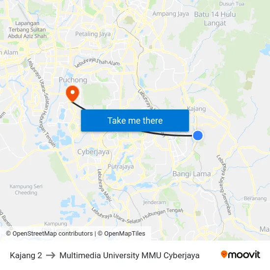 Kajang 2 to Multimedia University MMU Cyberjaya map