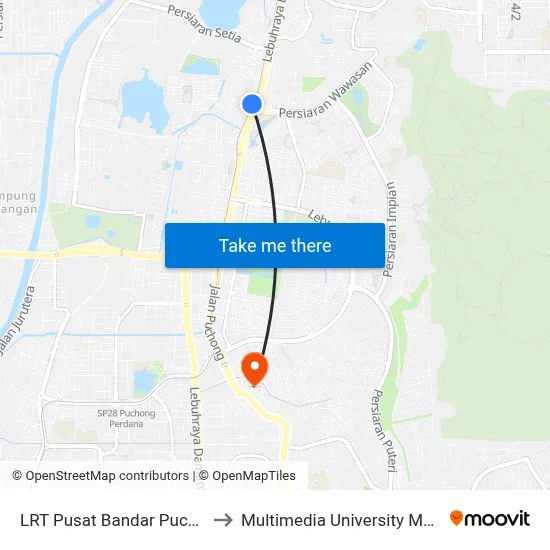 LRT Pusat Bandar Puchong (Sj735) to Multimedia University MMU Cyberjaya map