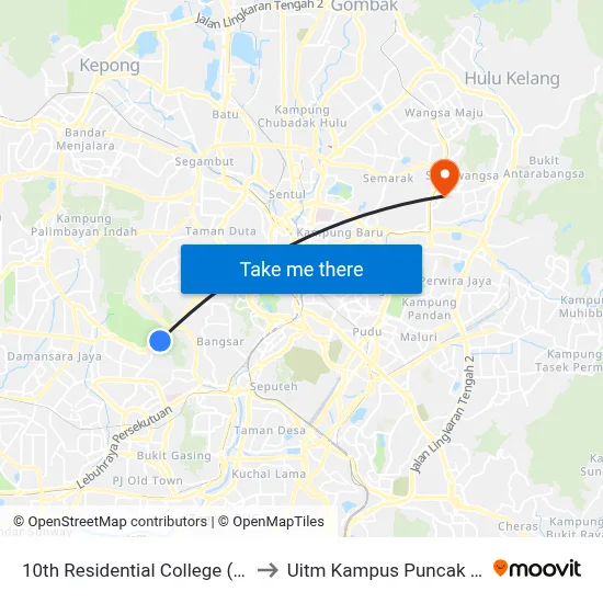 10th Residential College (Kk10) to Uitm Kampus Puncak Alam map