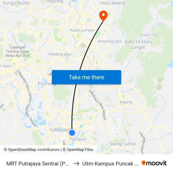 MRT Putrajaya Sentral (Ppj254) to Uitm Kampus Puncak Alam map