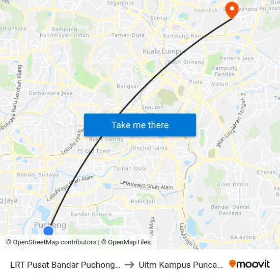 LRT Pusat Bandar Puchong (Sj735) to Uitm Kampus Puncak Alam map