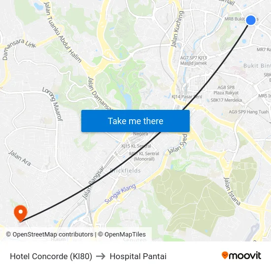 Hotel Concorde (Kl80) to Hospital Pantai map