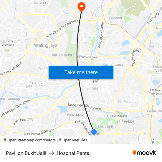 Pavilion Bukit Jalil to Hospital Pantai map