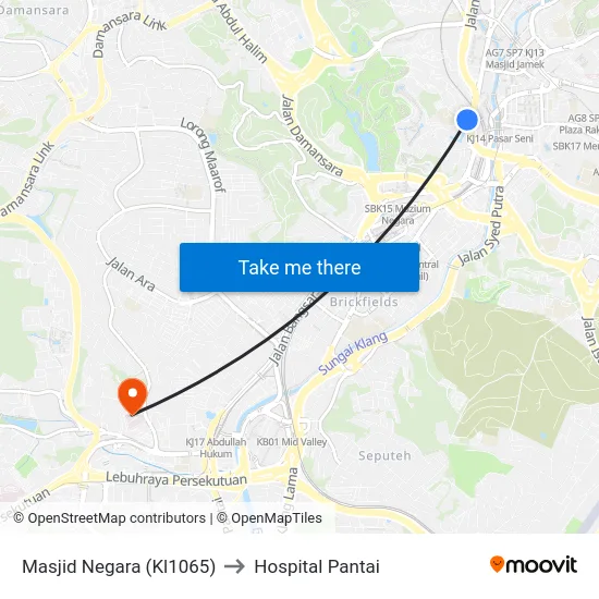 Masjid Negara (Kl1065) to Hospital Pantai map