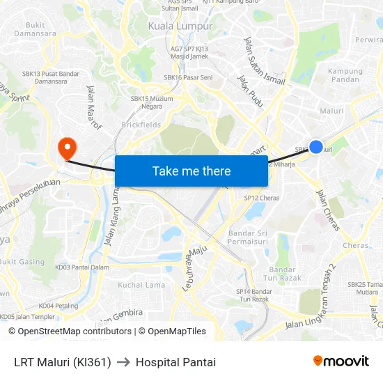 LRT Maluri (Kl361) to Hospital Pantai map