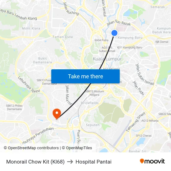 Monorail Chow Kit (Kl68) to Hospital Pantai map