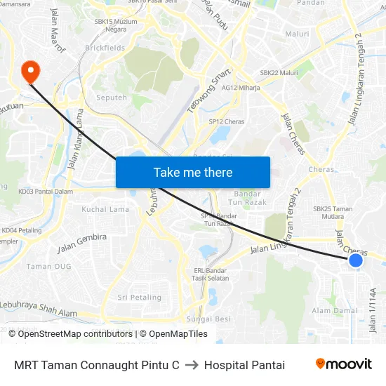 MRT Taman Connaught Pintu C to Hospital Pantai map