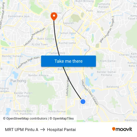 MRT UPM Pintu A to Hospital Pantai map