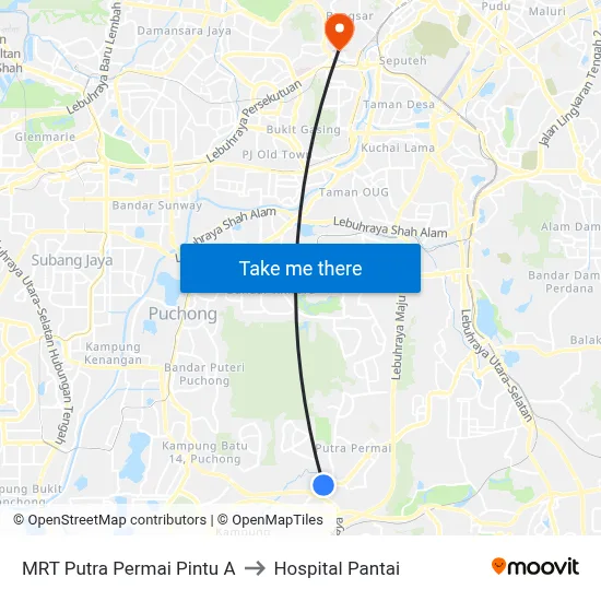 MRT Putra Permai Pintu A to Hospital Pantai map