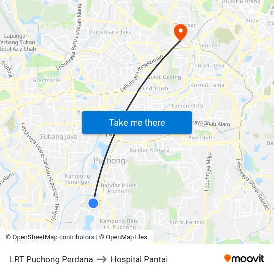 LRT Puchong Perdana to Hospital Pantai map