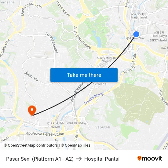 Pasar Seni (Platform A1 - A2) to Hospital Pantai map