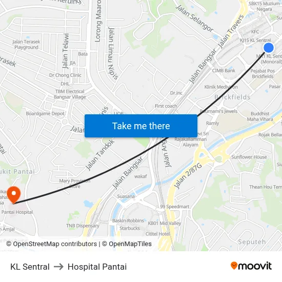 KL Sentral to Hospital Pantai map