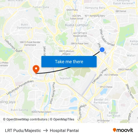 LRT Pudu/Majestic to Hospital Pantai map